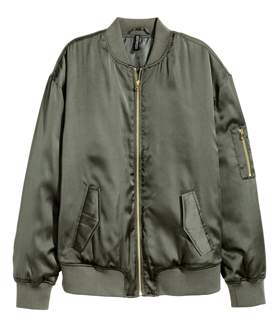 H&m Satin Bomber Jacket in Green | Lyst